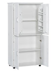 White 62-inch freestanding bathroom floor storage cabinet with both doors fully open, showing four adjustable interior shelves.