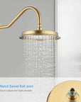 Close-up of the Avelar brushed gold 9" rain shower's metal swivel ball joint, easy to adjust and highly durable.