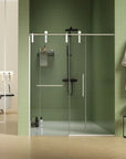 Bathroom scene showing shower door 60 x 76 in open sliding position with modern green tile design | Ace Decor