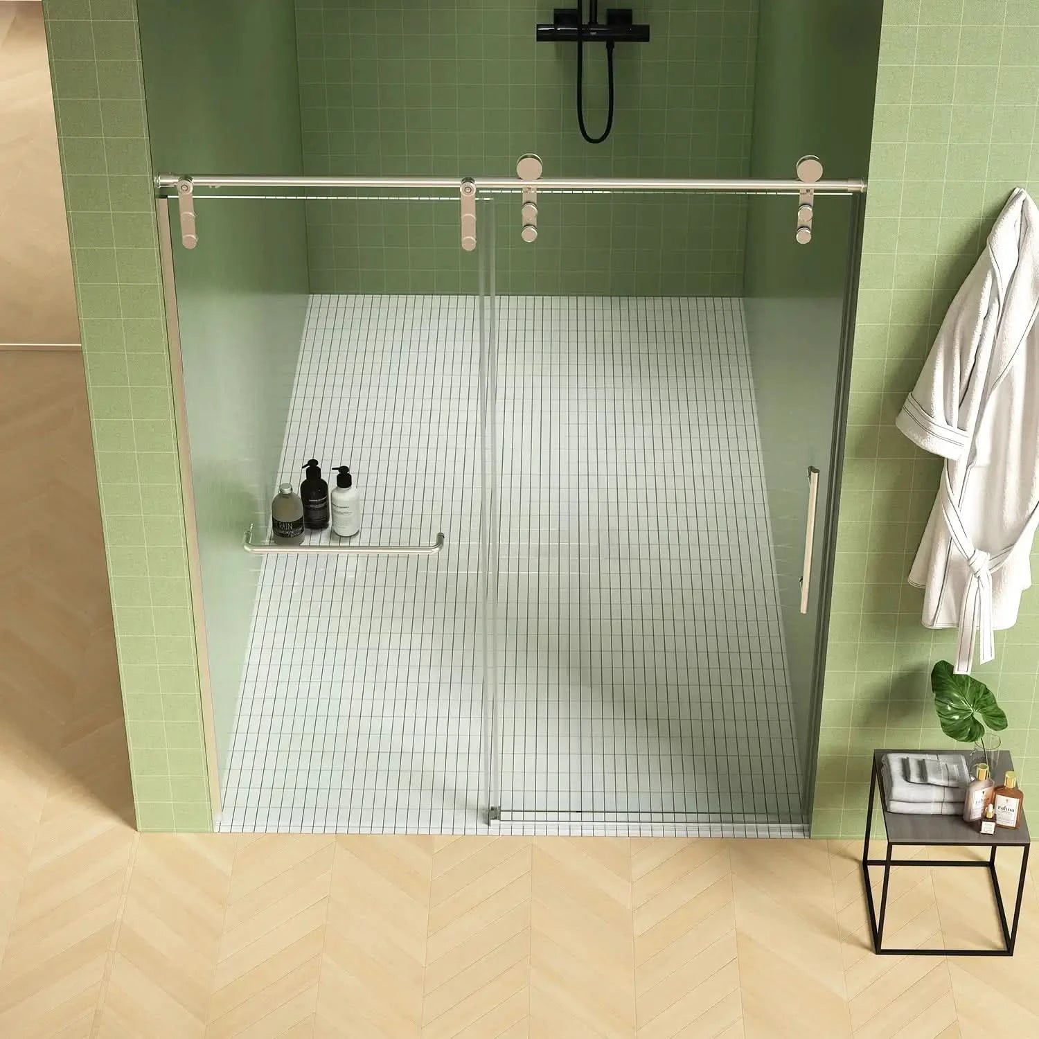Top view of shower door 60 x 76 with sliding glass design in modern bathroom | Ace Decor