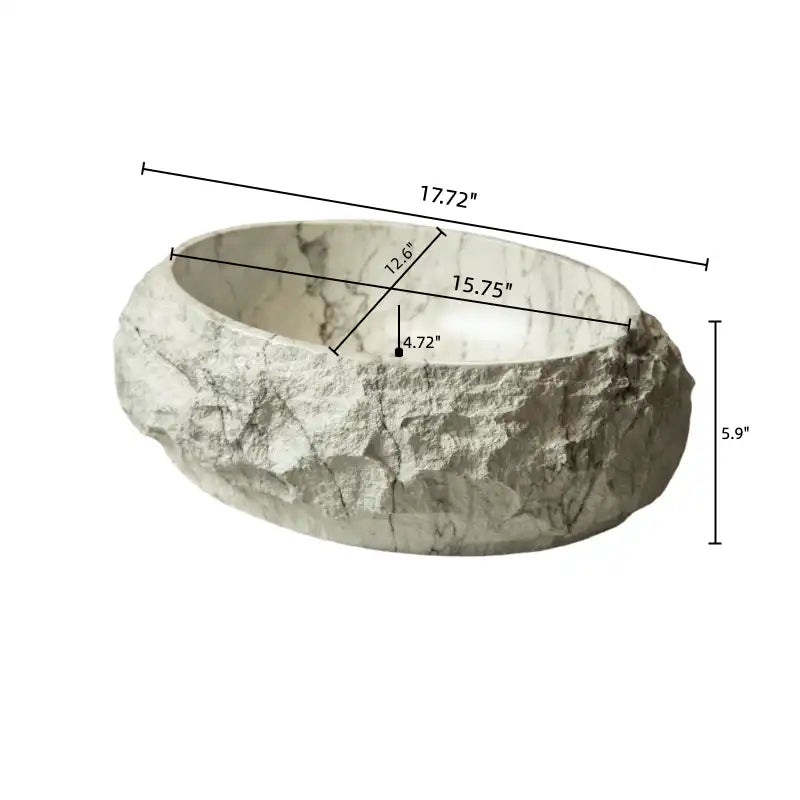 Astra Series 18" Oval Sculpted Resin Stone Vessel Basin - Marble White with size measurements | Ace Decor