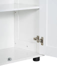 Close-up of stainless steel door hinge on 71.25-inch white tower bathroom cabinet, highlighting durable hardware.