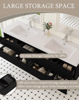 72-inch black wall-mounted double sink vanity with four storage drawers.