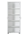 Front view of 71.25-inch white tower bathroom cabinet with both doors open, showing large interior storage with multiple adjustable shelves.
