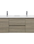 Front view of 59 inch double sink vanity with ash grey floating cabinet and integrated solid surface sinks | Ace Decor