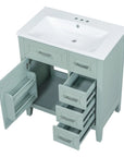 30 inch green bathroom vanity with open cabinet and drawers top view | Ace Decor