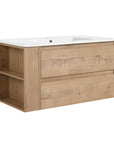36" oak wall mounted bathroom vanity with ceramic sink and side open storage shelves | Ace Decor