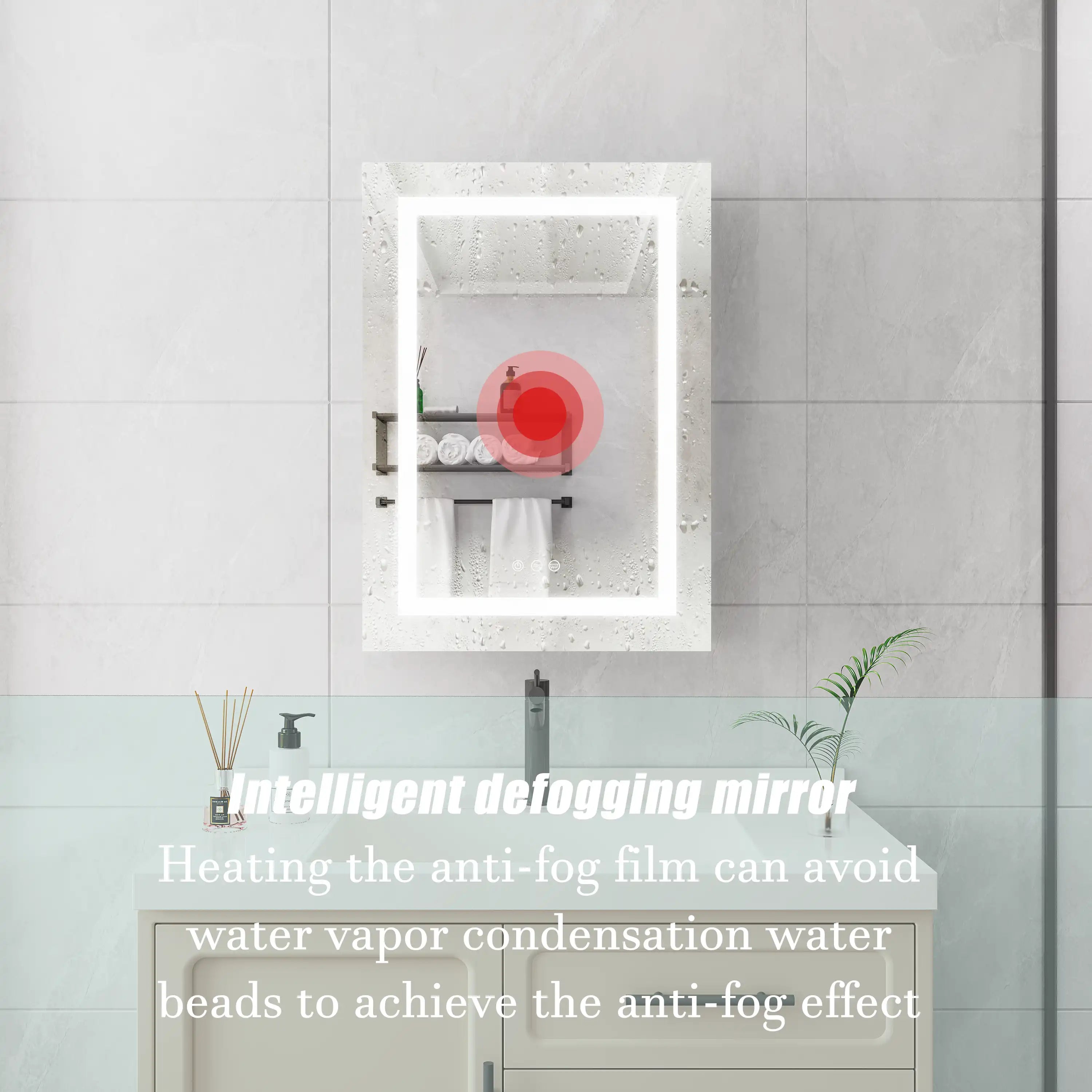 Orren 20 x 28 inch smart LED medicine cabinet with anti-fog function.