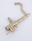 Close-up of Brushed Gold Freestanding Tub Faucet with Handheld Shower – Durable Brass Body, Smooth Lever Handle and Modern Bathtub Filler Design.