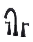 VALMIRA Matte Black Sink Faucet with high-arc spout and dual handles for modern bathroom.