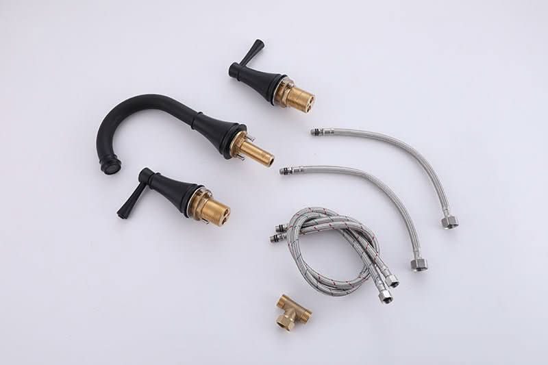 Complete set of VALMIRA Matte Black Sink Faucet with spout, dual handles, hoses, and brass installation parts.