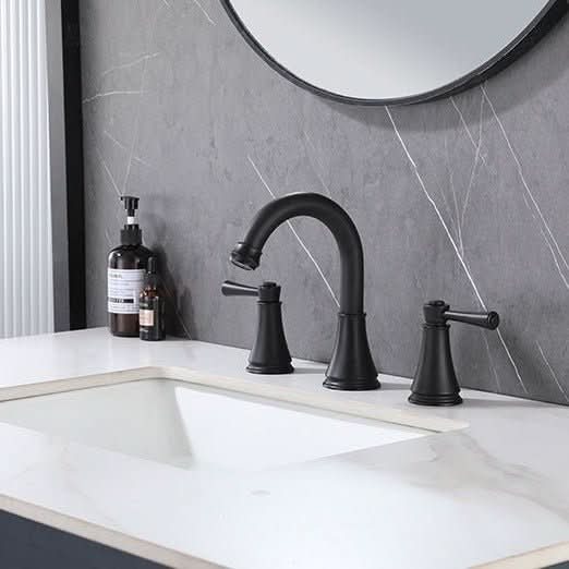 VALMIRA Matte Black Sink Faucet installed on modern bathroom vanity.