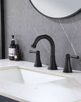 VALMIRA Matte Black Sink Faucet installed on modern bathroom vanity.