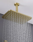 Ceiling-mounted brushed gold rainfall showerhead with wide, even water flow
