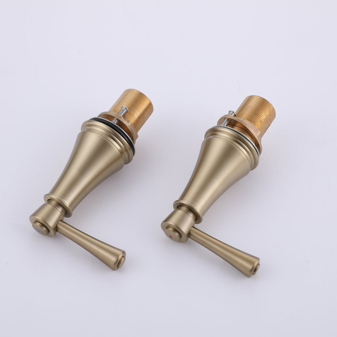 VALMIRA brushed gold sink faucet handles with hot and cold water indicators.