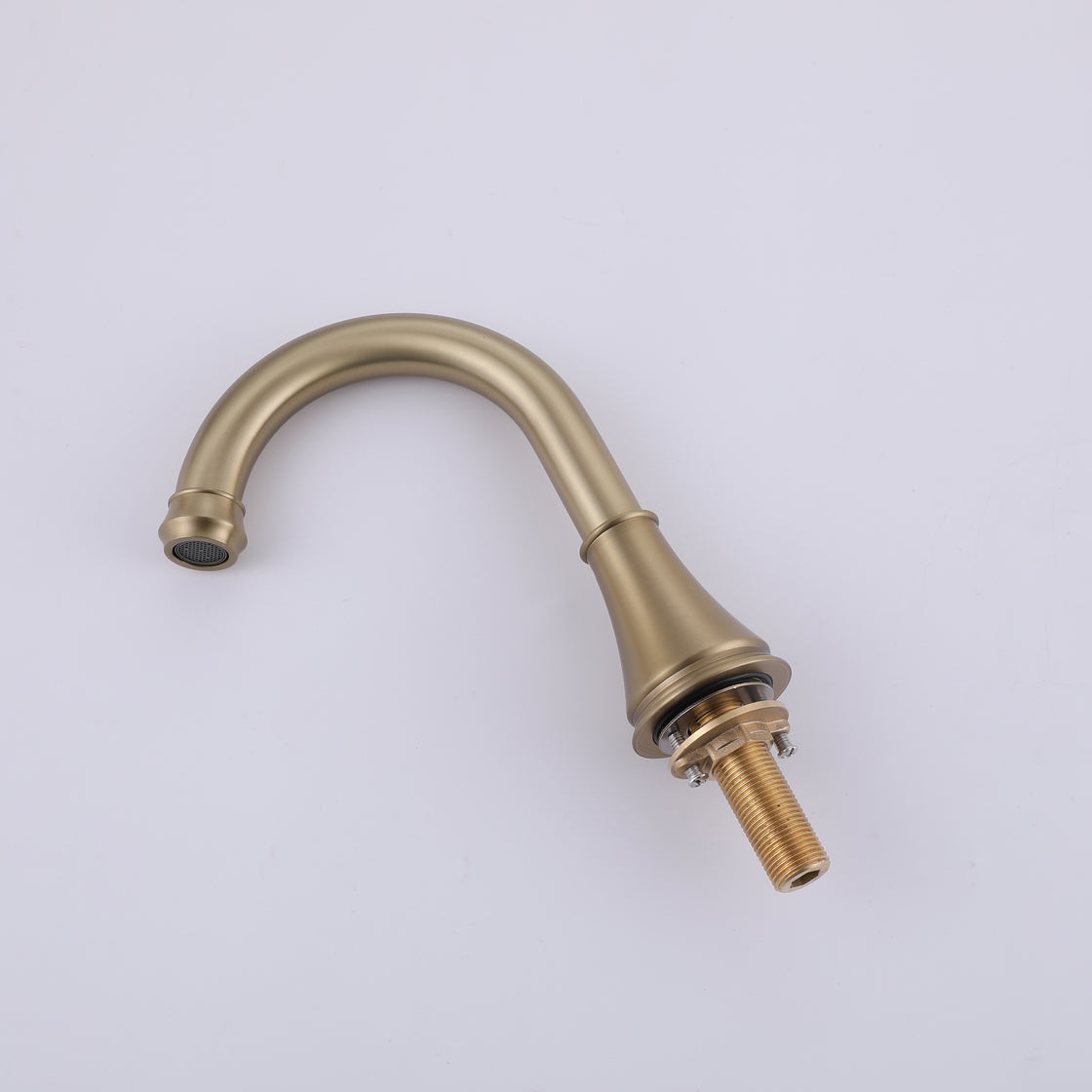 VALMIRA Brushed gold sink faucet with curved spout and threaded base.