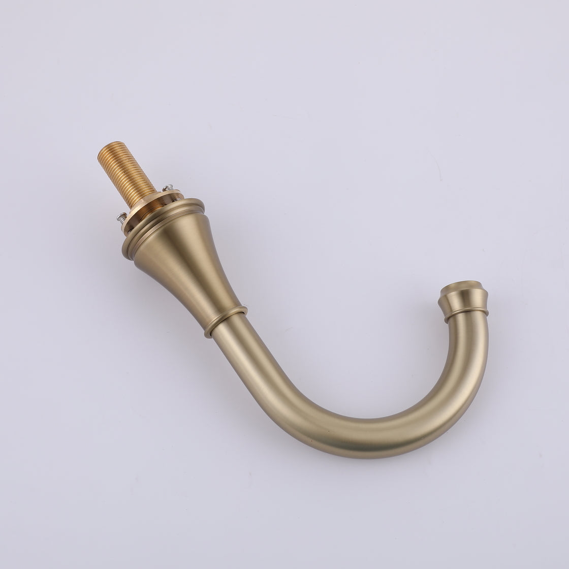 VALMIRA Brushed gold sink faucet with curved spout and threaded base.