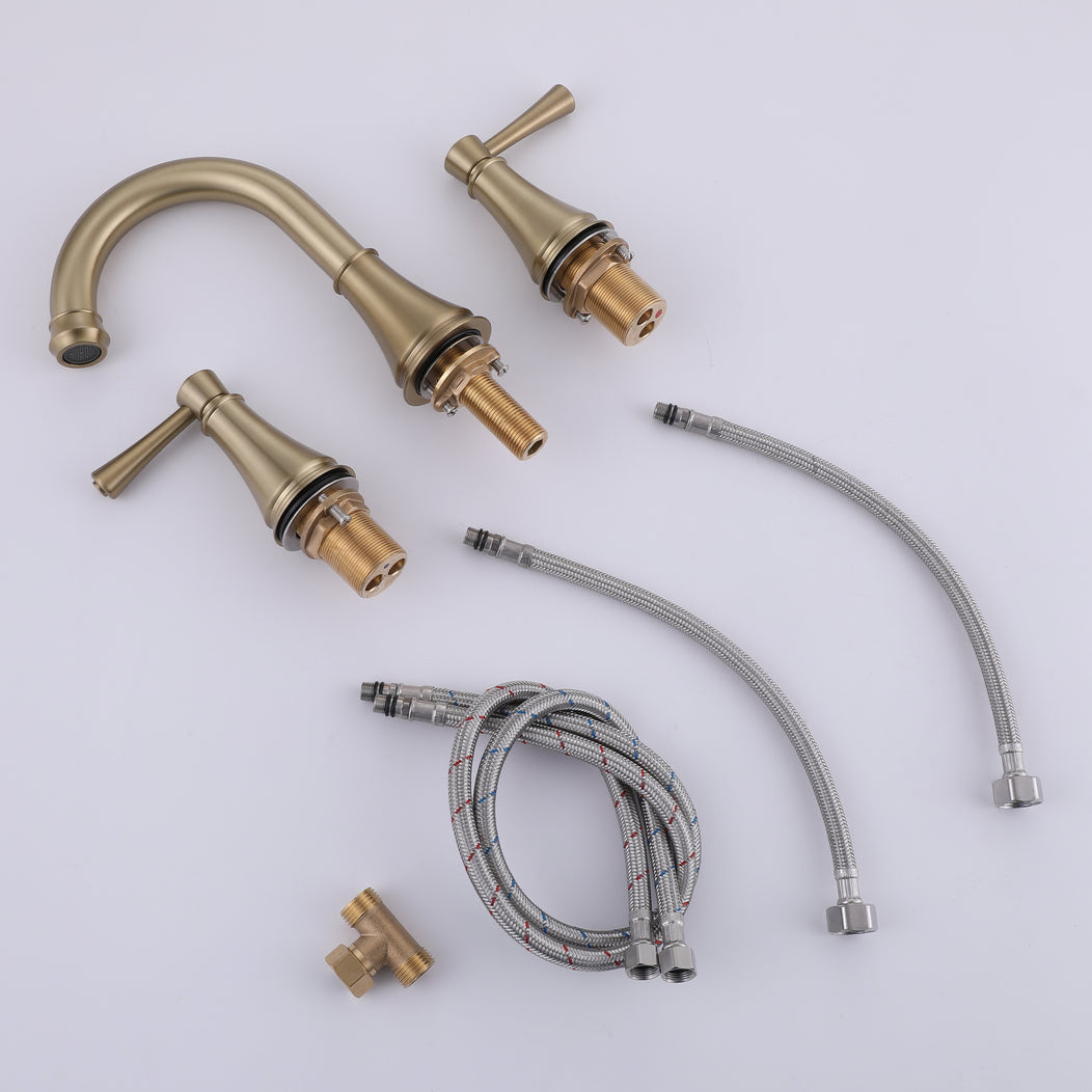 VALMIRA Brushed gold 3-holes sink faucet with curved spout and cross handles, includes braided hose and fittings.