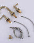 VALMIRA Brushed gold 3-holes sink faucet with curved spout and cross handles, includes braided hose and fittings.