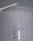 10-inch square rainfall shower head in brushed nickel releasing full-body water coverage