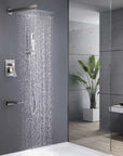 Brushed Nickel Rain Shower System delivering soft rainfall water flow.