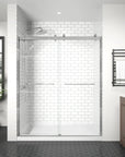 Front view of sliding shower doors brushed nickel, frameless design, size 60 x 74 | Ace Decor