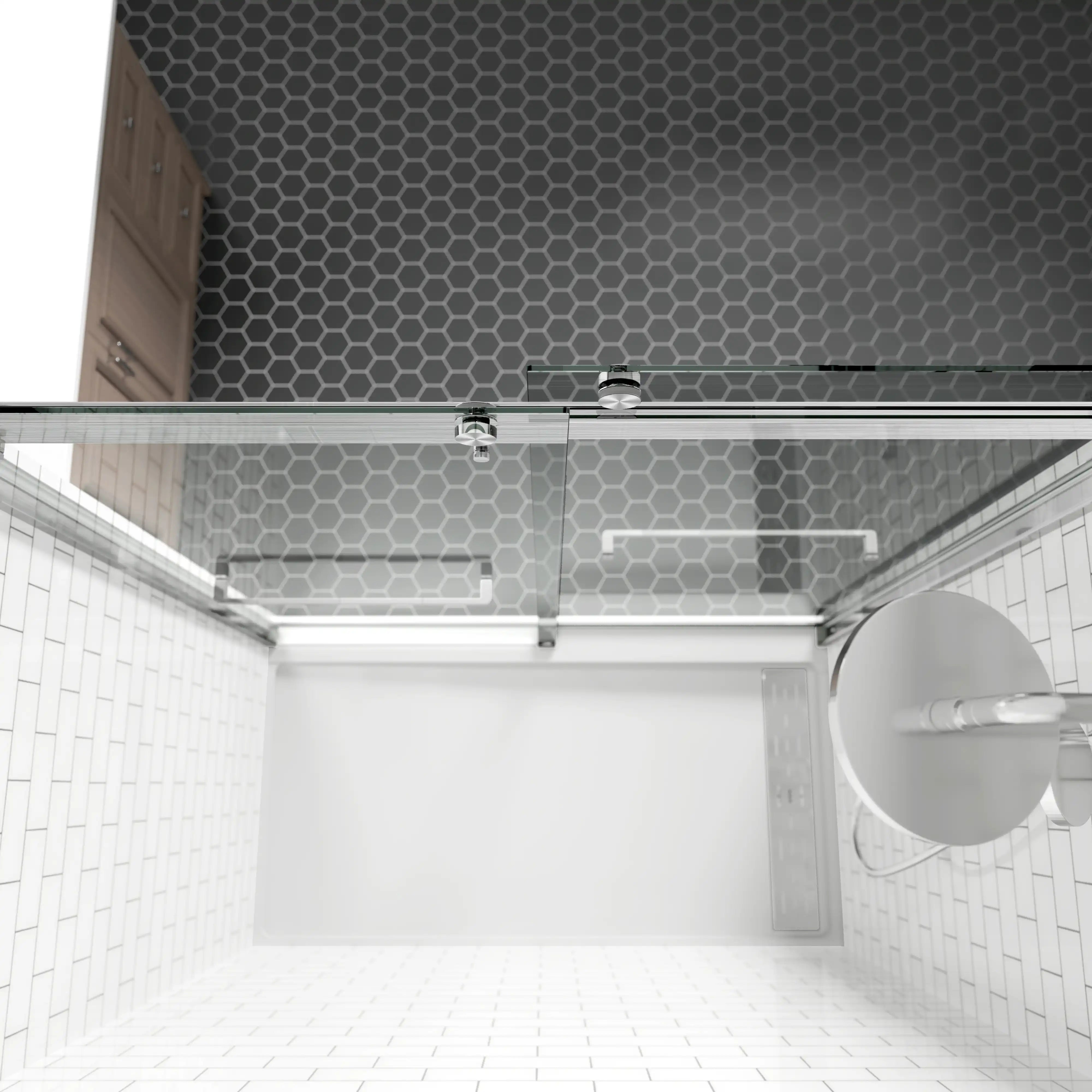 Top view of sliding shower doors brushed nickel, frameless design, size 60 x 74 | Ace Decor