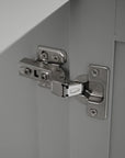 Soft close hinge detail on a gray bathroom vanity, ensuring smooth, quiet, and safe cabinet door operation | Ace Decor