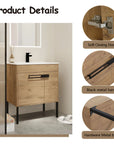 30" freestanding single bathroom vanity with sink showcasing soft-closing door hinge, black metal handle, and sturdy metal legs | Ace Decor