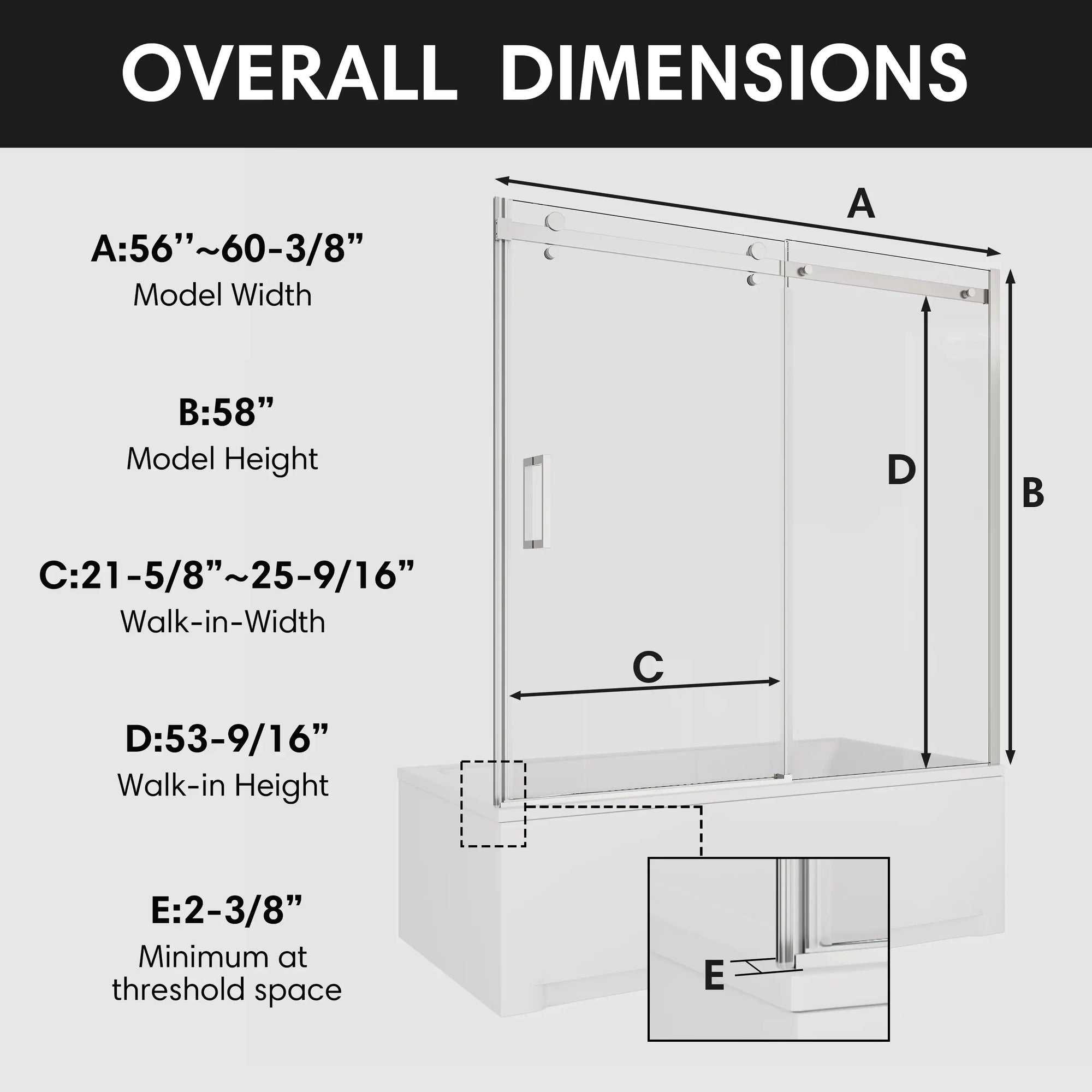 Overall dimensions of bathtub sliding glass doors frameless, model size 60 x 58 inches with walk-in width and height details | Ace Decor