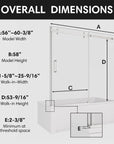 Overall dimensions of bathtub sliding glass doors frameless, model size 60 x 58 inches with walk-in width and height details | Ace Decor