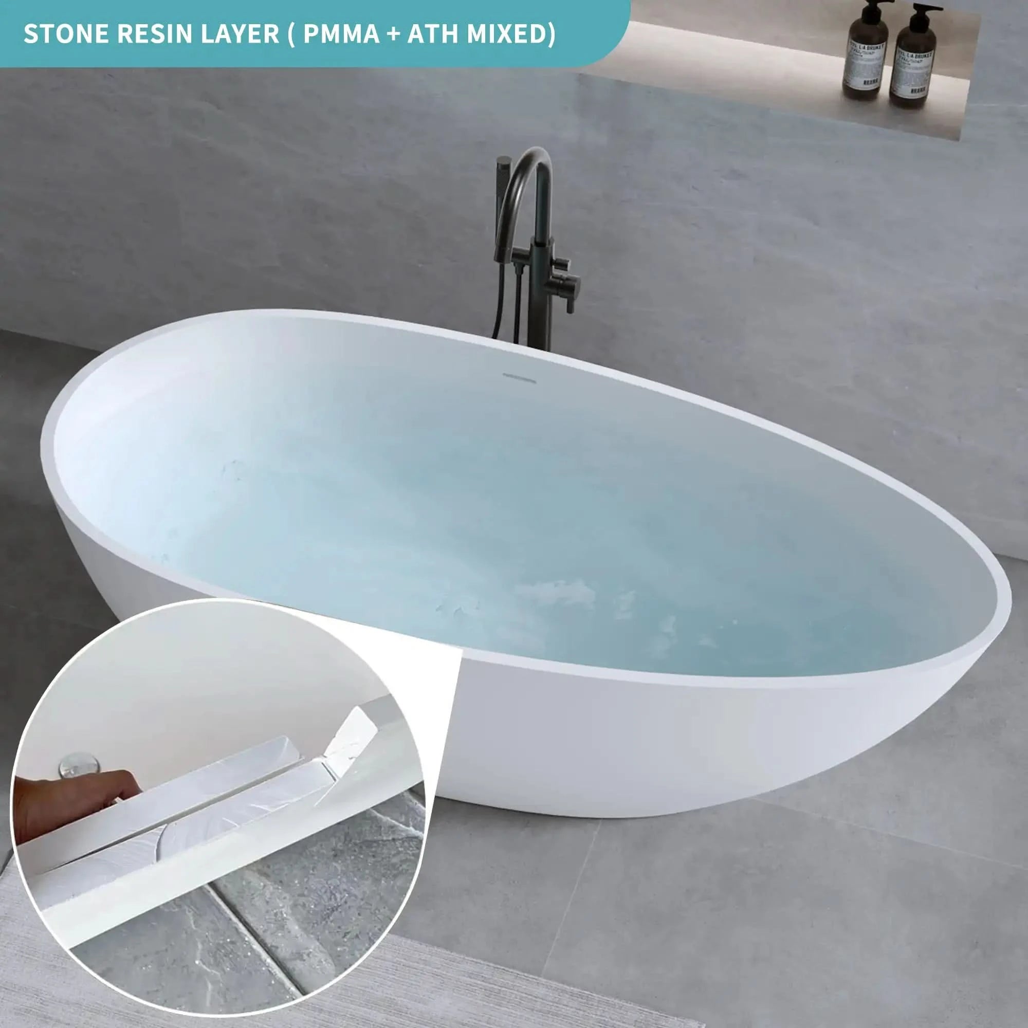 A luxurious freestanding bathtub made with a durable stone resin layer (PMMA + ATH mixed) for strength and smooth finish. |ACE DECOR