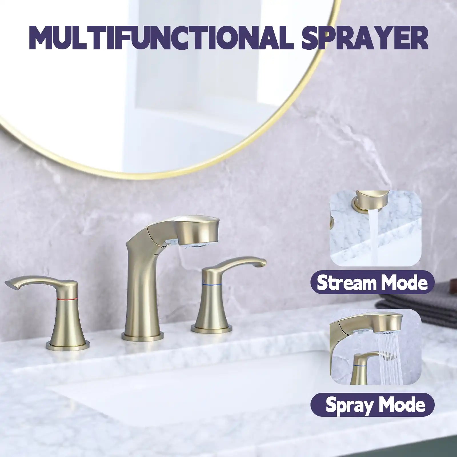 Harbor Series brushed gold faucet sprayer with multifunction stream and spray water flow