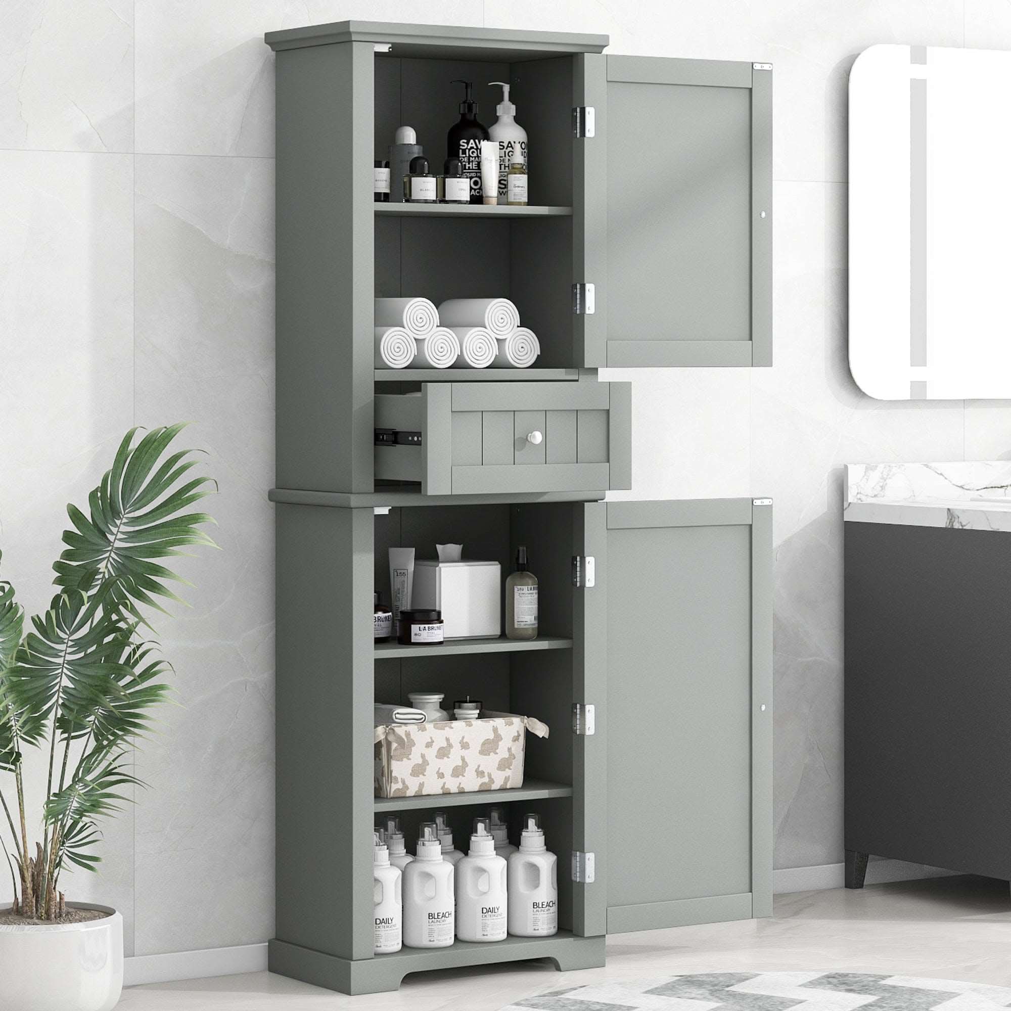 Norrin 67.3 inch grey tall narrow bathroom storage cabinet with open doors, adjustable shelves and drawer showing towels and toiletries.