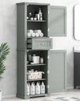 Norrin 67.3 inch grey tall narrow bathroom storage cabinet with open doors, adjustable shelves and drawer showing towels and toiletries.