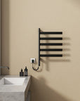Velin Series 18 x 27 black electric towel warmer for bathroom wall-mounted near sink with minimalist modern design | Ace Decor