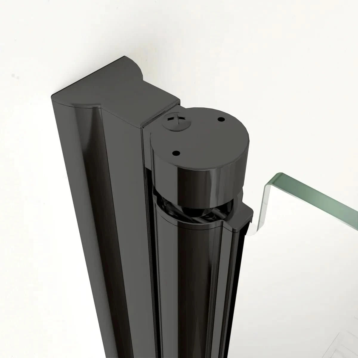 Matte black hinge detail of semi-frameless pivot shower door | Ace Decor