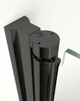 Matte black hinge detail of semi-frameless pivot shower door | Ace Decor
