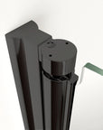 Close-up of Zerra Series matte black semi-frameless shower door top pivot hinge.
