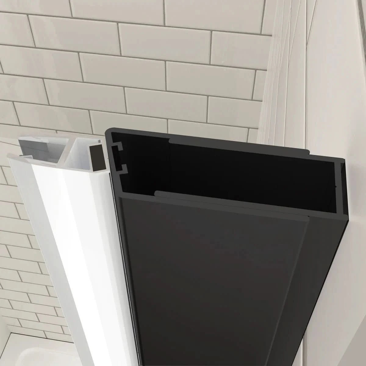 Aluminum frame detail of matte black semi-frameless pivot shower door | Ace Decor