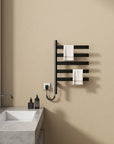 Velin Series black electric towel warmer for bathroom showing multiple towels hanging on rotating bars | Ace Decor