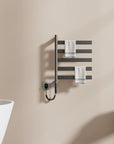 Velin Series 18 x 27 gray electric towel warmer for bathroom with hanging towels on wall-mounted rack | Ace Decor