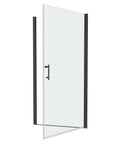 Zerra Series matte black pivot shower door shown open on white background.