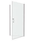 Semi-frameless pivot shower door in chrome finish shown open with reverse installation on white background | Ace Decor