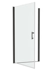 36 x 72 matte black semi-frameless pivot shower door with clear glass and swing design.
