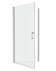 Semi-frameless pivot shower door in chrome finish shown open on white background | Ace Decor