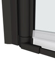 Close-up of Zerra Series matte black pivot shower door bottom hinge and seal.