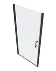 Zerra Series 36 x 72 matte black semi-frameless pivot shower door on white background.