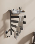 gray electric heated towel rack 18 x 30 with towels and top shelf for bathroom storage | Ace Decor