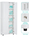 White bathroom cabinet with close-up details of silver handles, stainless steel hinges, and round support legs.